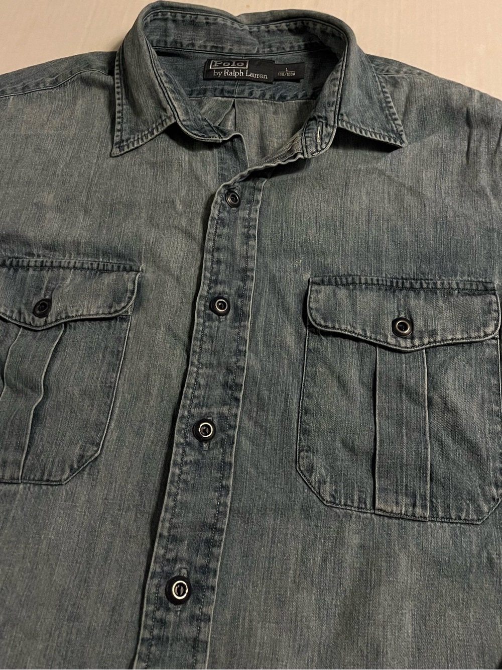 VTG 90’s Polo Ralph Lauren RL Naval Res Chambray Denim Long Sleeve Shirt LARGE - Picture 4 of 9